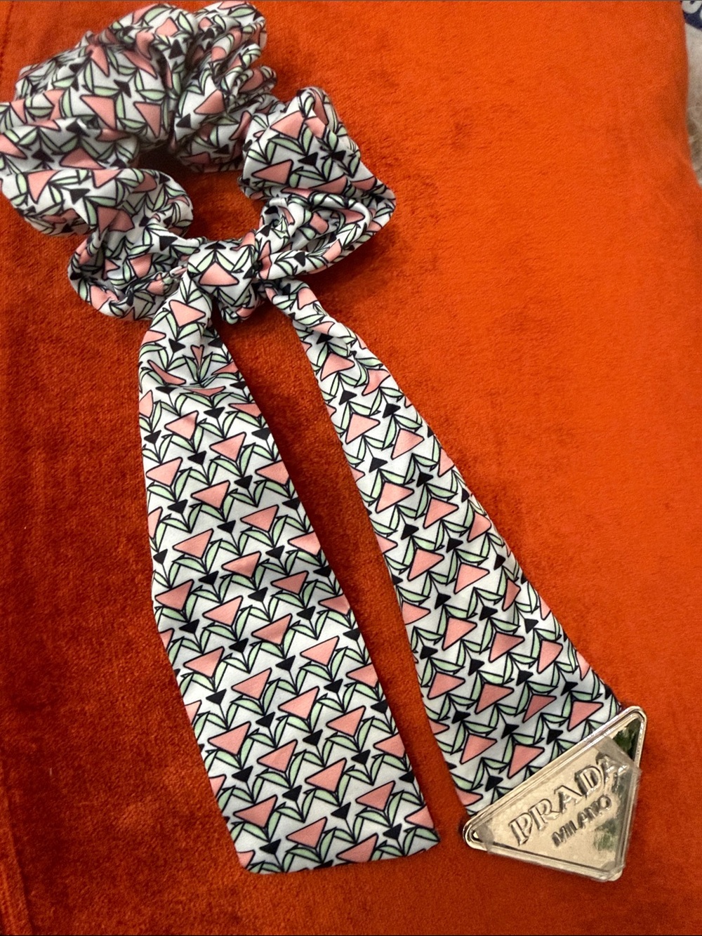 GWP-PRADA Pink & Mint Patterned Bow Scrunchie Hair Tie